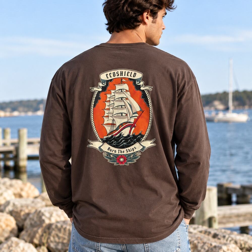 EcoShield Burn The Ships Shirt Mens 3XL Brown Long Sleeve Sailing Ship Graphic